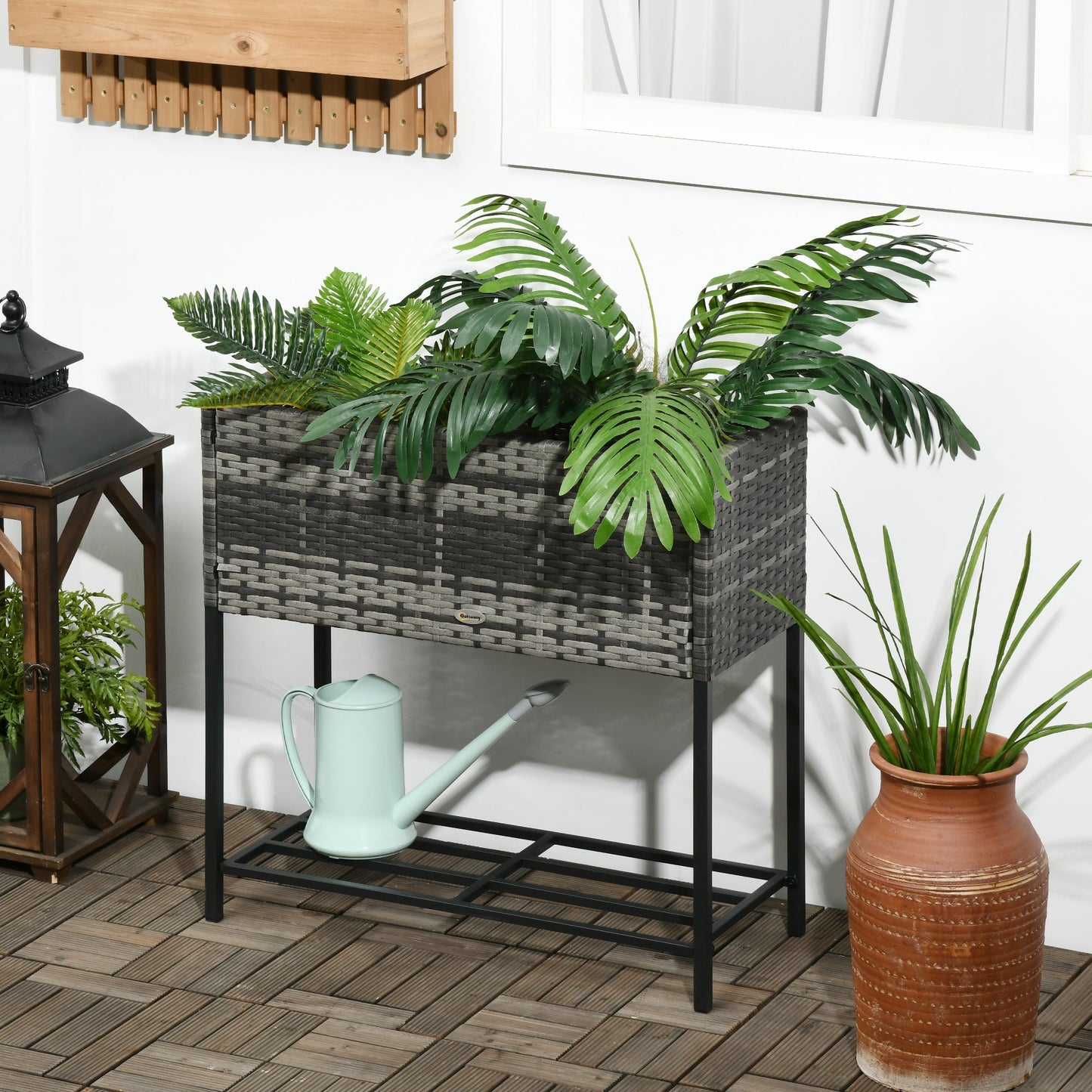 Outdoor and Garden-Raised Garden Bed, Steel Planter Box with legs, Rattan Wicker Look, Tool Storage Shelf, Portable Design for Herbs, Vegetables, Flowers, Gray - Outdoor Style Company