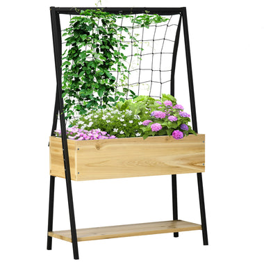 Outdoor and Garden-Raised Garden Bed with Climbing Grid Trellis & Storage Shelf, Elevated Planter Box for Vegetable Vines, Climbing Plants, Natural - Outdoor Style Company
