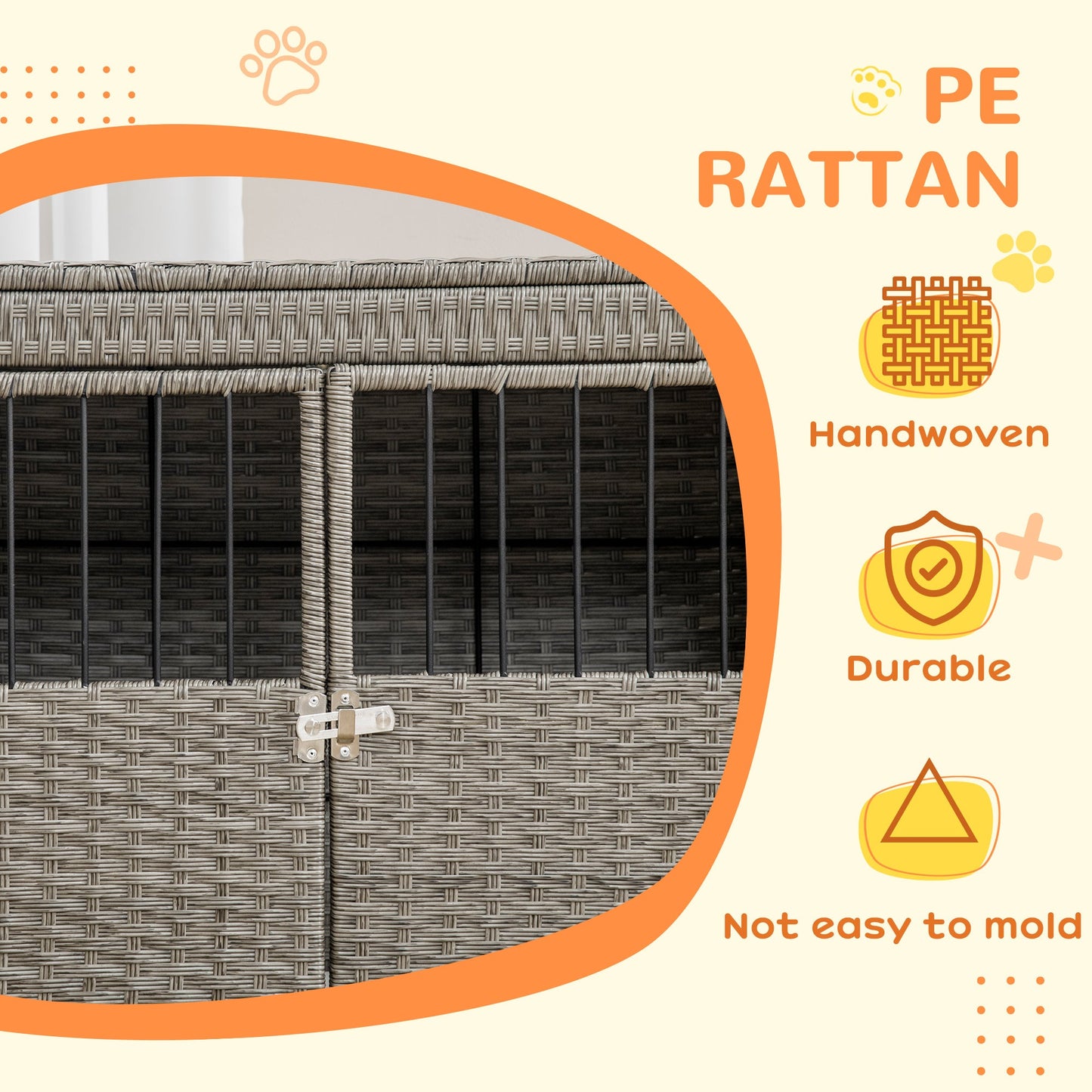 Pet Supplies-Rattan Dog Crate with Double Doors, Wicker Dog Cage with Soft Washable Cushion, Dog Kennel Furniture for Medium to Large Sized Dogs, Gray - Outdoor Style Company