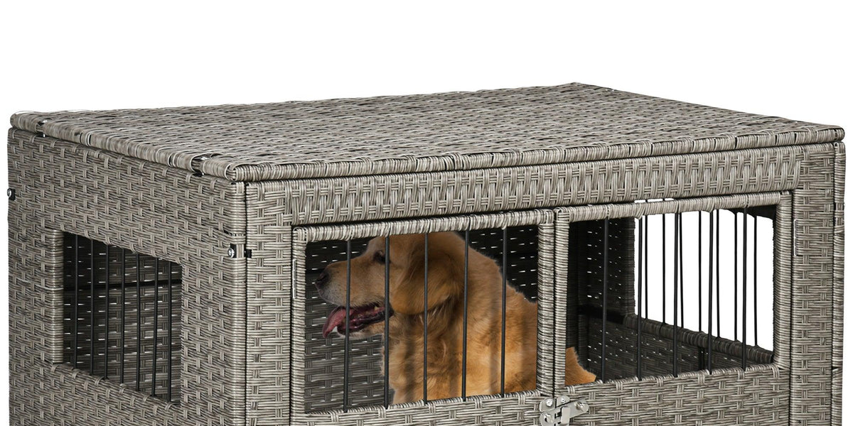Rattan Dog Crate with Double Doors, Wicker Dog Cage with Soft Washable