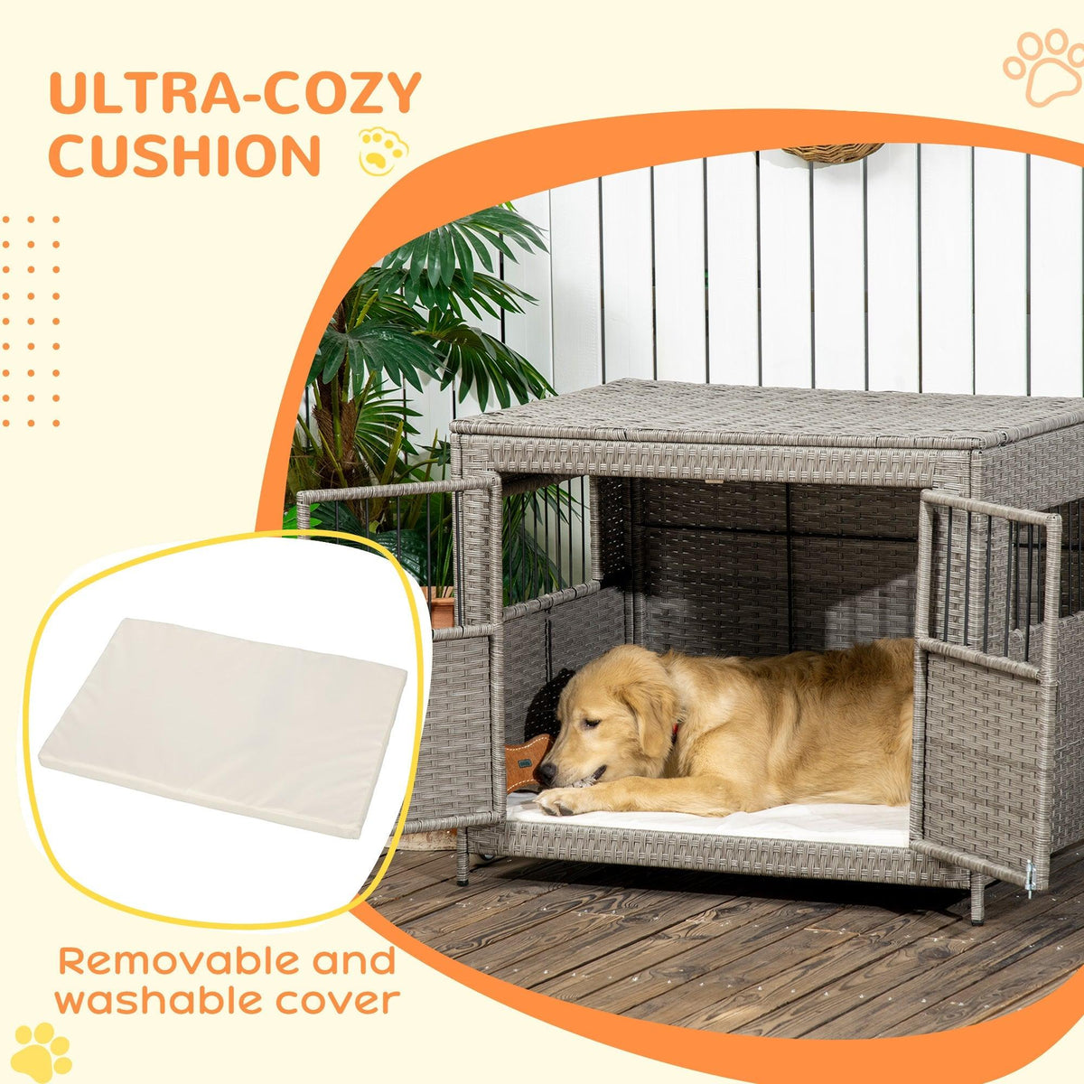 Rattan Dog Crate with Double Doors, Wicker Dog Cage with Soft Washable