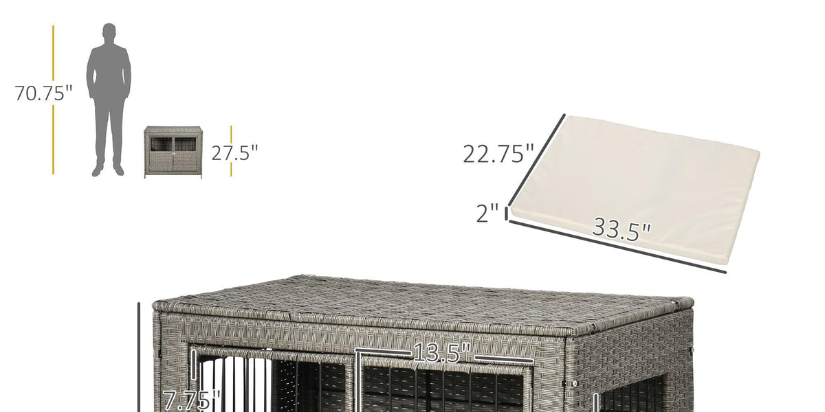 Image showcasing Rattan Dog Crate with Double Doors, Wicker Dog Cage with Soft Washable