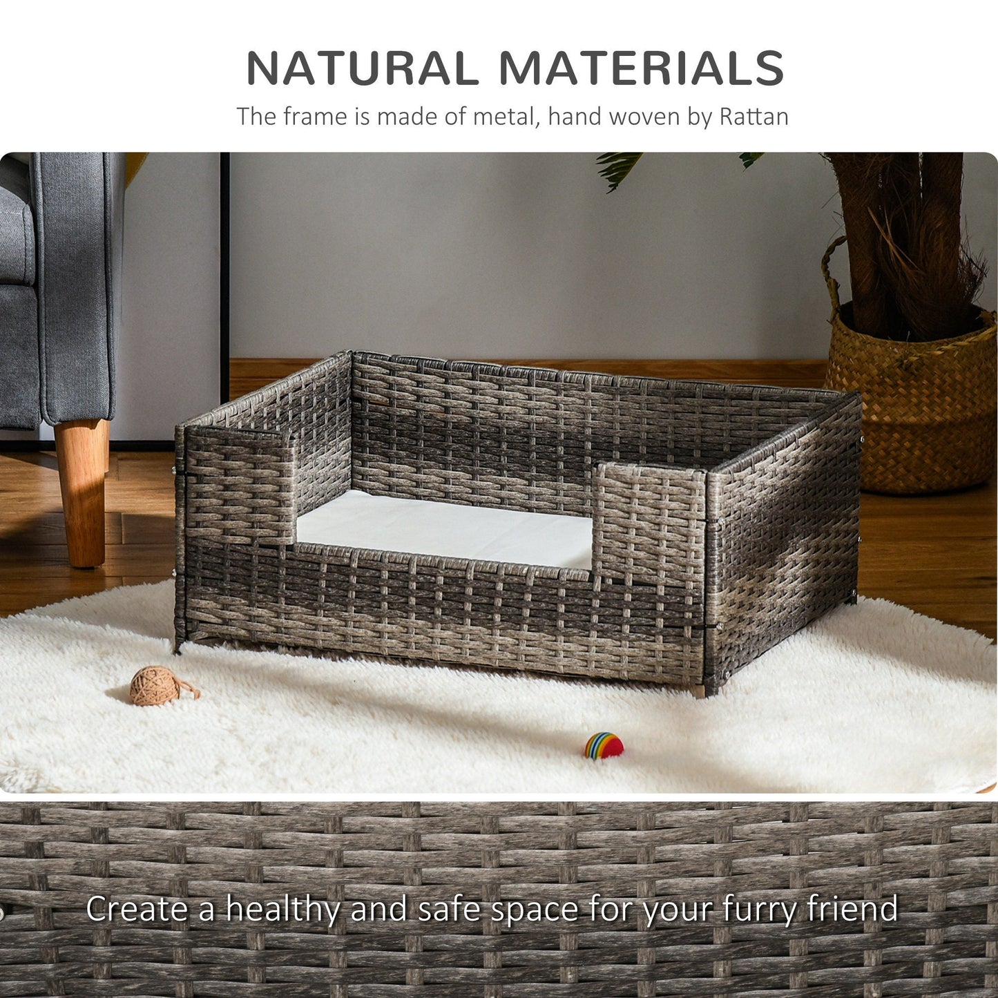 Outdoor and Garden-Rattan Pet Bed Raised Wicker Dog House Small animal Sofa Indoor & Outdoor with Soft Washable Water-resistant Cushion Grey - Outdoor Style Company