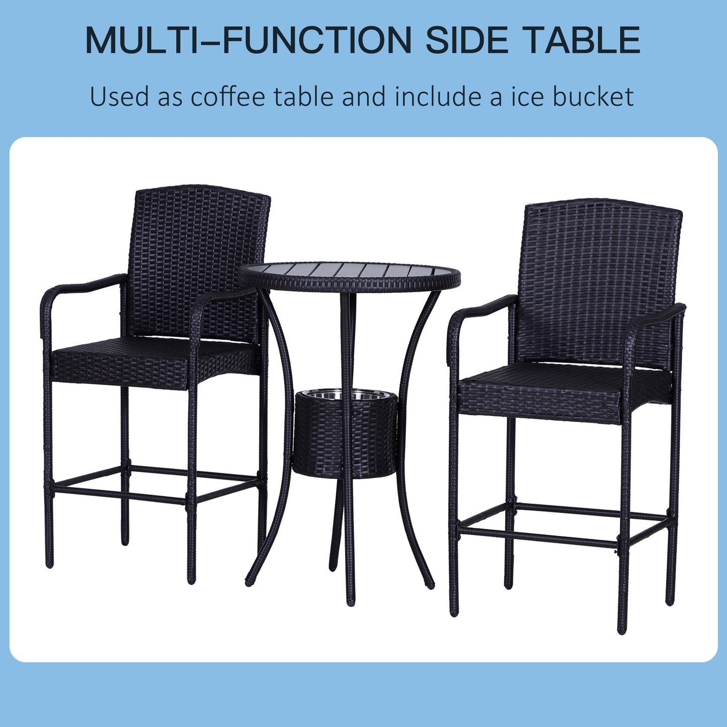 Outdoor and Garden-Rattan Wicker Bar Set for 3 PCS with Ice Buckets, Patio Furniture with 1 Bar Table and 2 Bar Stools for Poolside, Backyard, Porches - Outdoor Style Company