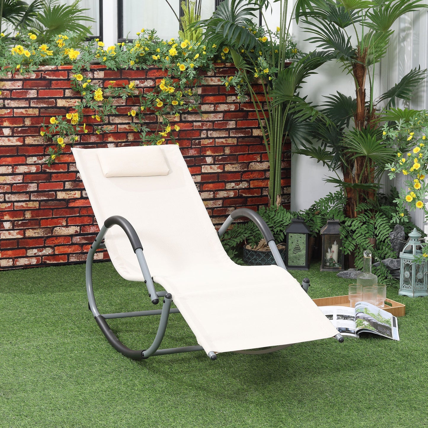 Outdoor and Garden-Rocking Chair, Zero Gravity Patio Chaise Sun Lounger, Outdoor Rocker, UV Water Resistant with Pillow, for Lawn, Garden - Beige - Outdoor Style Company