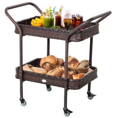 Outdoor and Garden-Rolling Rattan Wicker Outdoor Kitchen Trolley Serving Cart 2 Tray Shelves - Outdoor Style Company