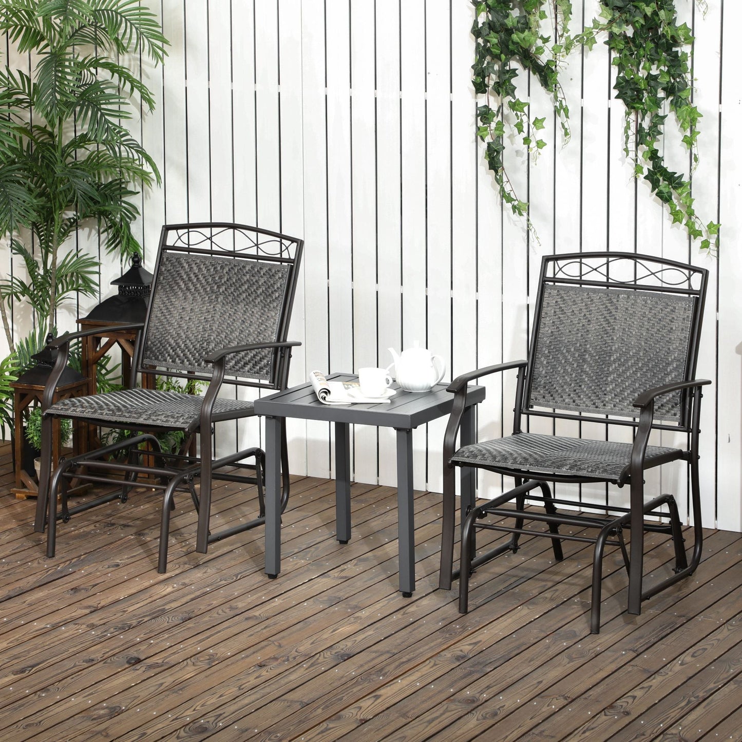 Outdoor and Garden-Set of 2 Outdoor Glider Chairs, Porch & Patio Rockers for Deck with PE Rattan Seats, Steel Frames for Garden, Backyard, Poolside, Gray - Outdoor Style Company