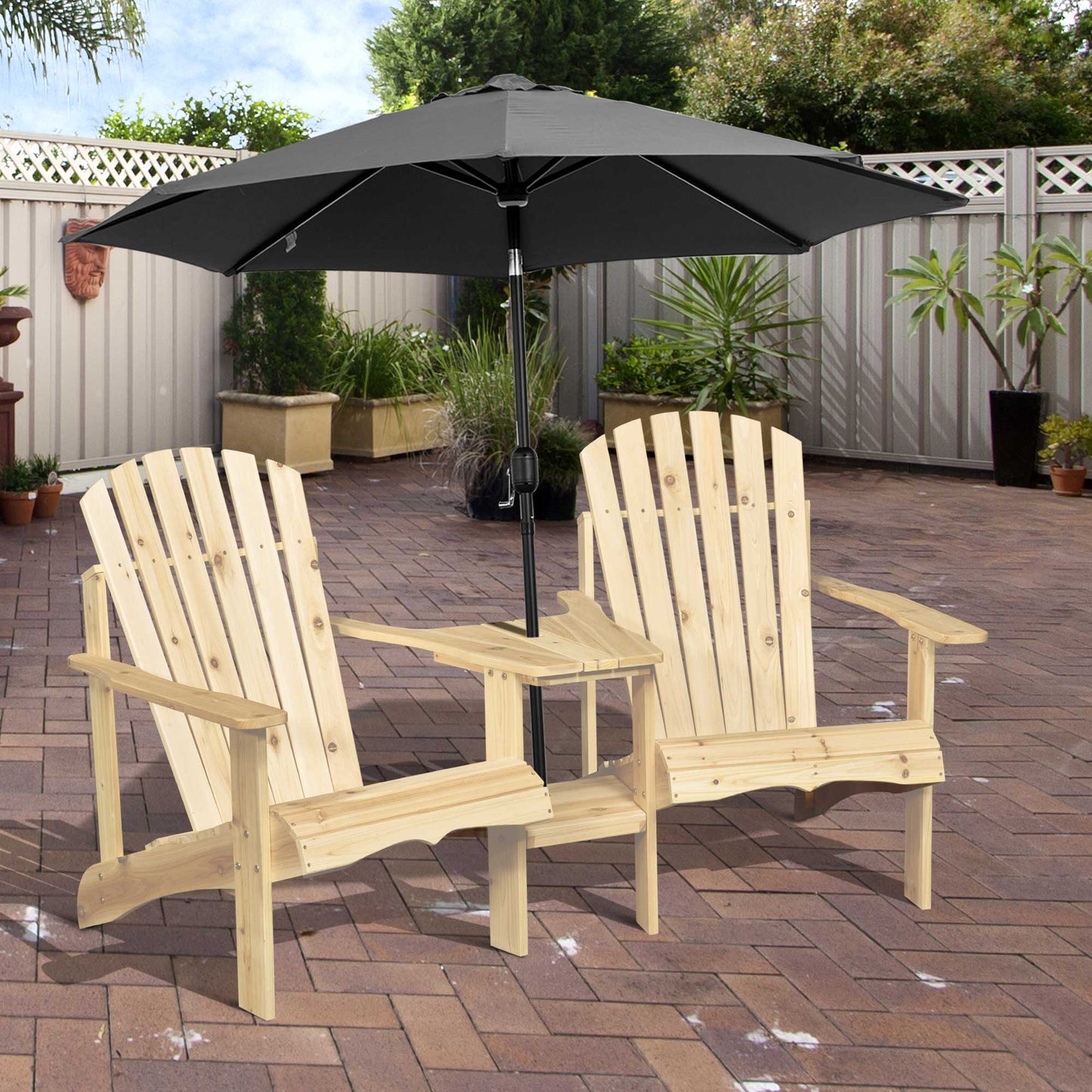 Outdoor and Garden-Set of 2 Wooden Adirondack Chairs, Outdoor Double Seat with Center Table and Umbrella Hole for Patio, Backyard, Deck, Fire Pit, Natural - Outdoor Style Company
