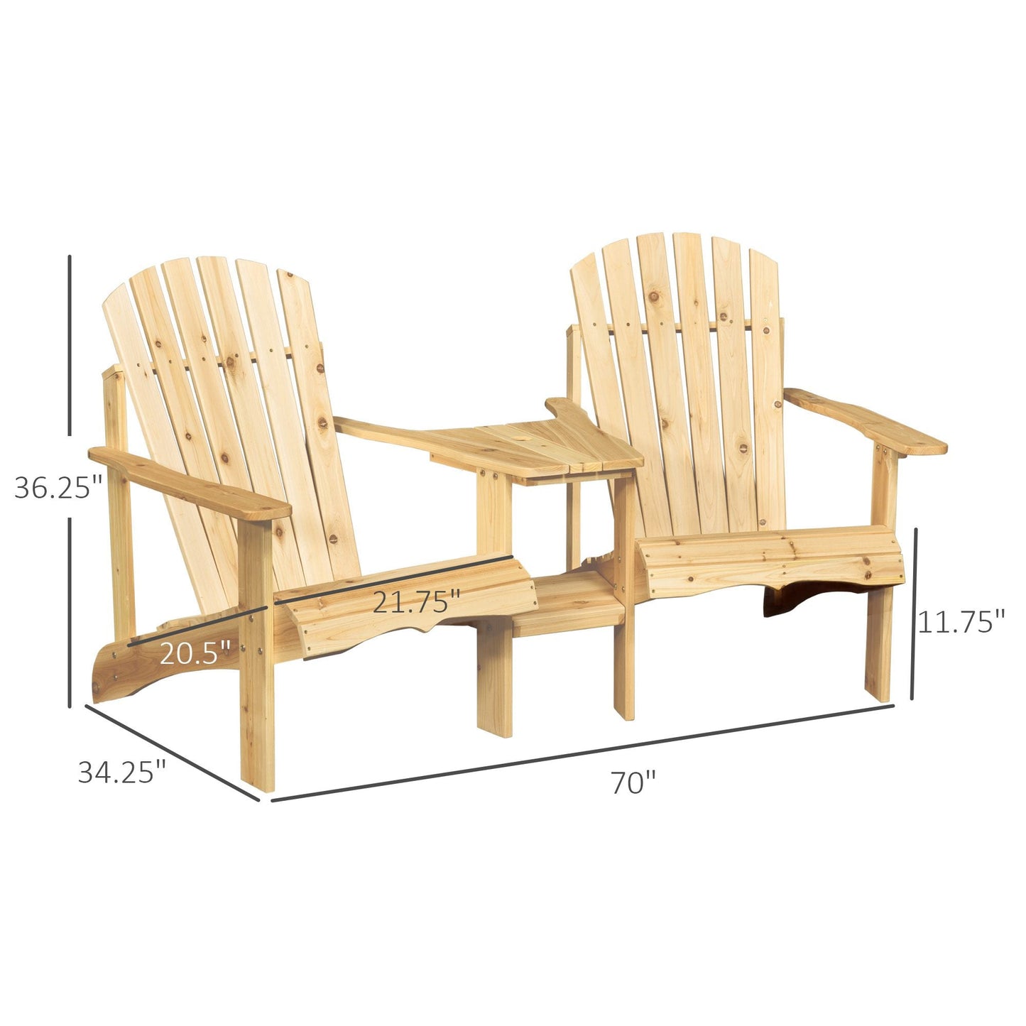 Outdoor and Garden-Set of 2 Wooden Adirondack Chairs, Outdoor Double Seat with Center Table and Umbrella Hole for Patio, Backyard, Deck, Fire Pit, Natural - Outdoor Style Company