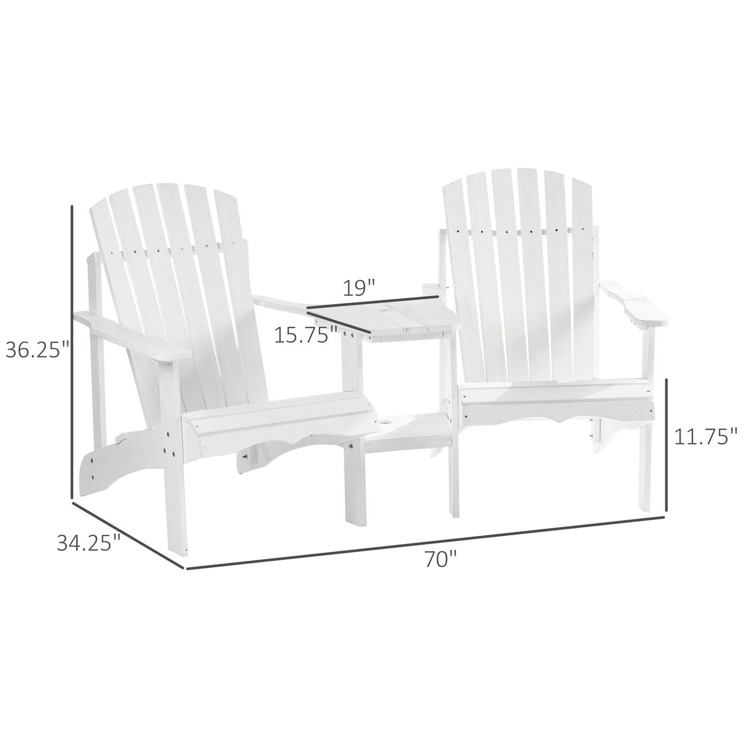 Outdoor and Garden-Set of 2 Wooden Adirondack Chairs, Outdoor Double Seat with Center Table and Umbrella Hole for Patio, Backyard, Deck, Fire Pit, White - Outdoor Style Company