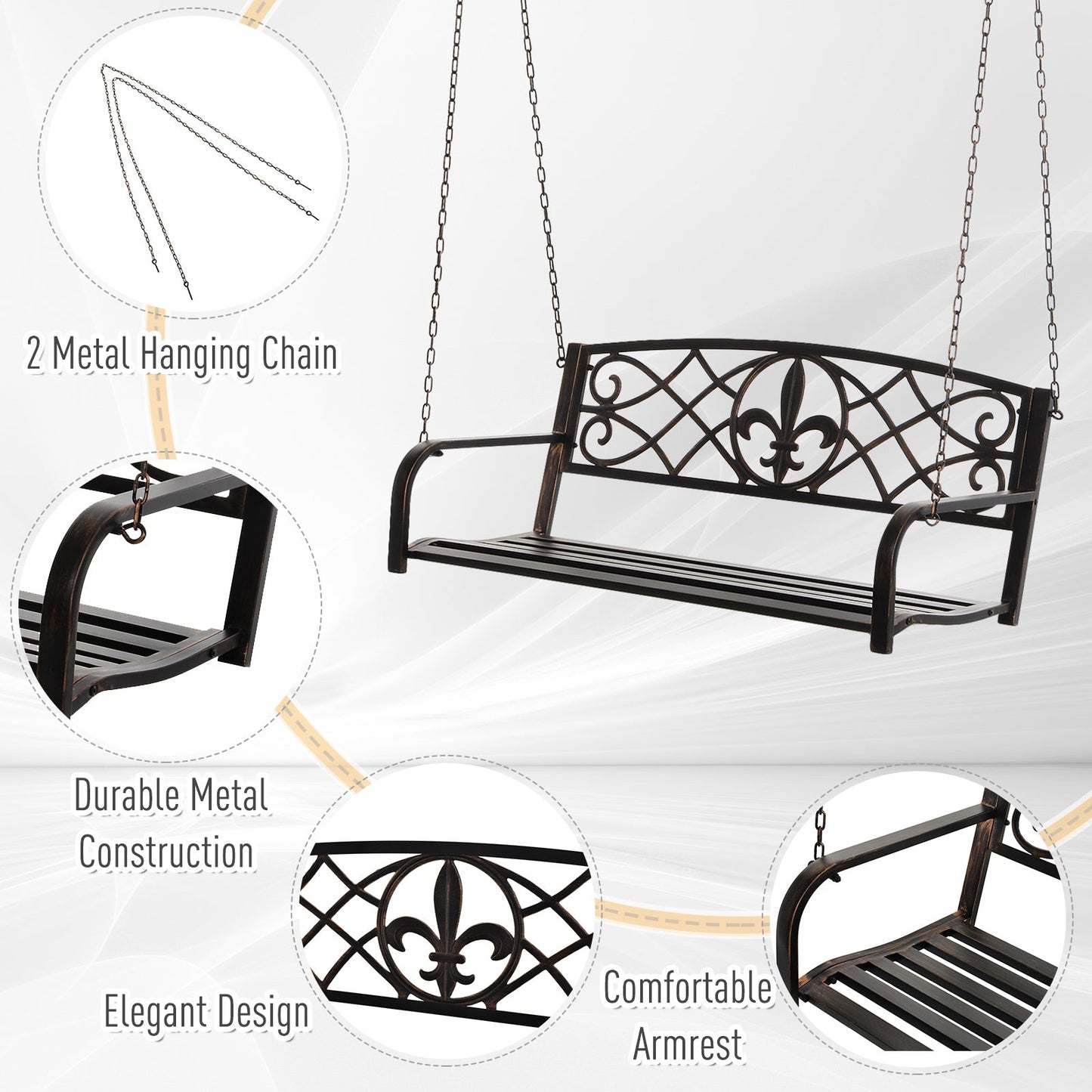 Outdoor and Garden-Steel Hanging Porch Swing, Fleur-de-Lis Design Outdoor Swing Seat Bench with Chains for the Yard, Deck, 485 LBS Weight Capacity, Bronze - Outdoor Style Company