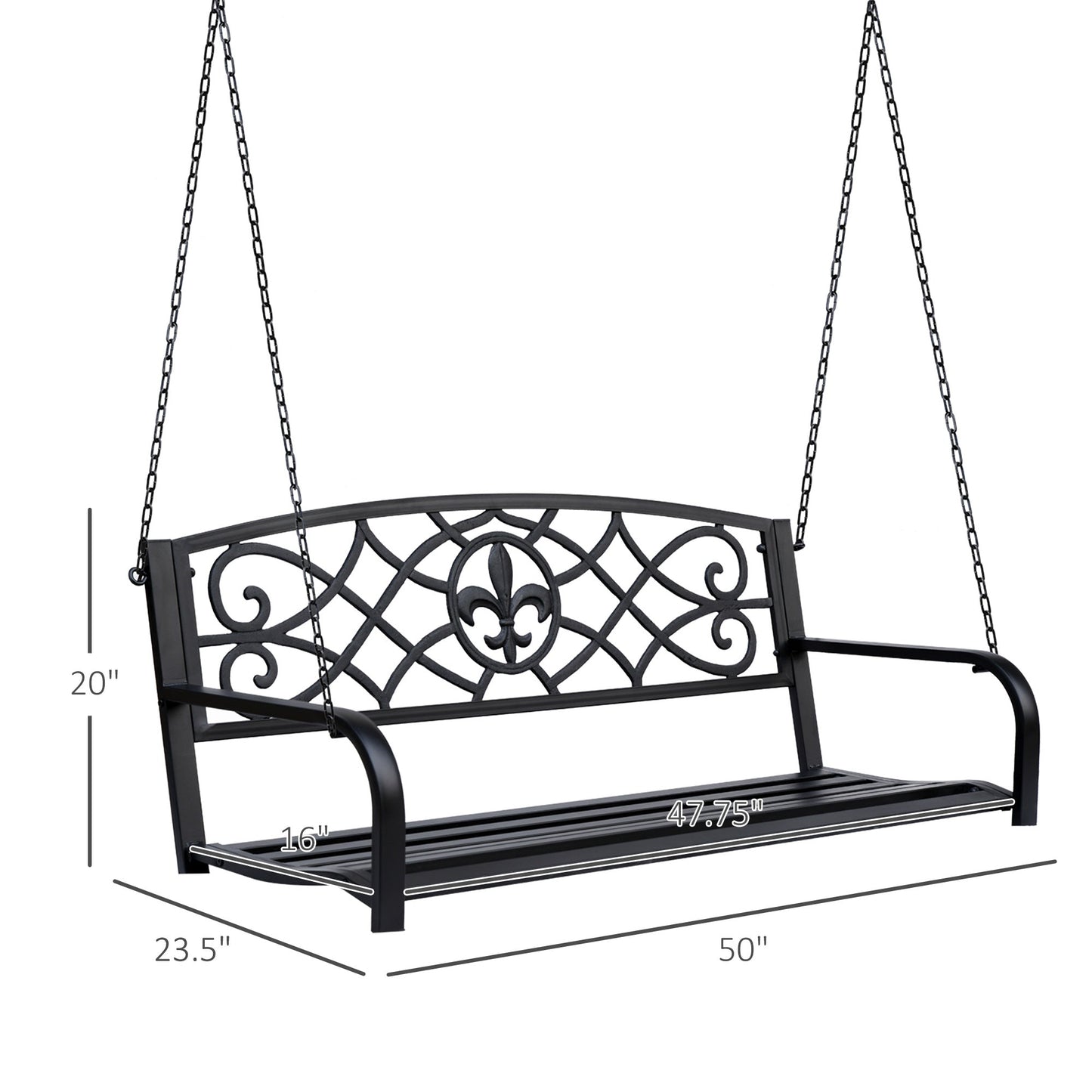Outdoor and Garden-Steel Hanging Porch Swing, Fleur-de-Lis Design Outdoor Swing Seat Bench with Chains for Yard, Deck, 485 LBS Weight Capacity, Black - Outdoor Style Company
