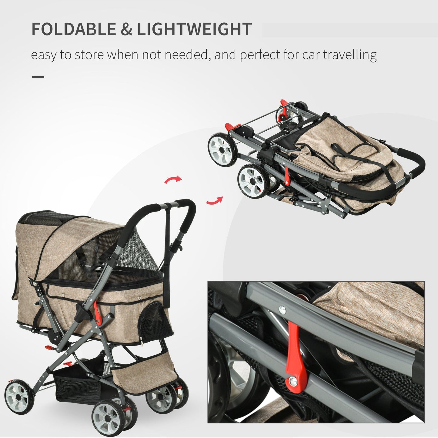 Pet Supplies-Travel Pet Stroller One-Click Fold Jogger Pushchair with Swivel Wheels, Brakes, Basket Storage, Safety Belts, Canopy, Brown - Outdoor Style Company