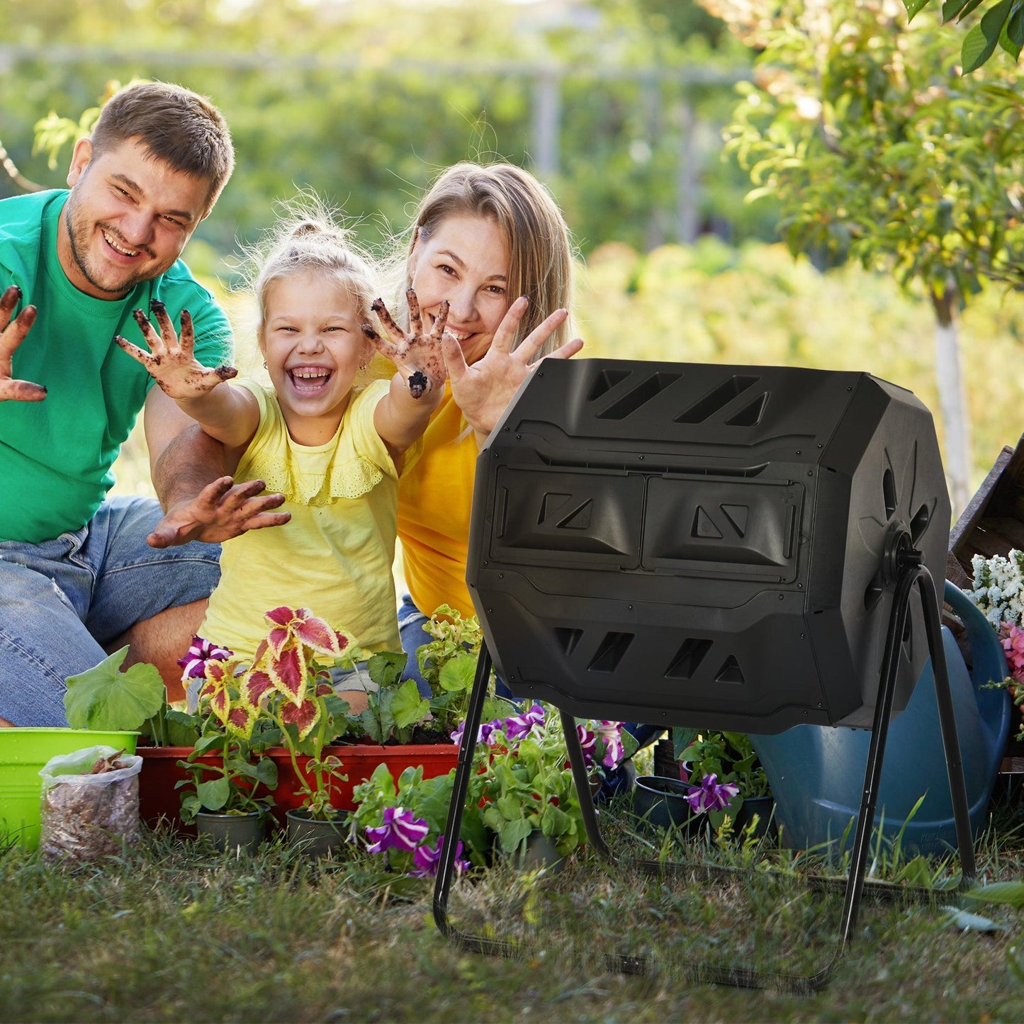 Outdoor and Garden-Tumbling Compost Bin Outdoor 360° Dual Chamber Rotating Composter 43 Gallon, Black - Outdoor Style Company