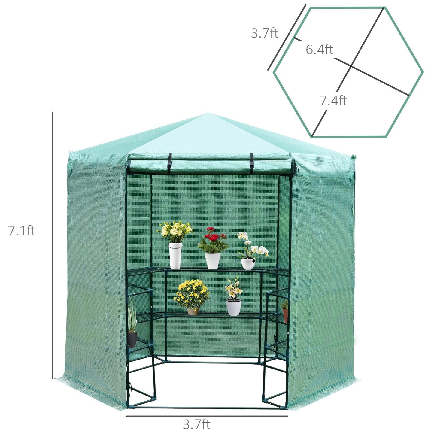 Outdoor and Garden-Walk-in Greenhouse Outdoor 3 Tier 10 Shelf Warm House Garden Hexagonal Hot House with Roll-Up Zipper Door & Steel Frame, Green - Outdoor Style Company