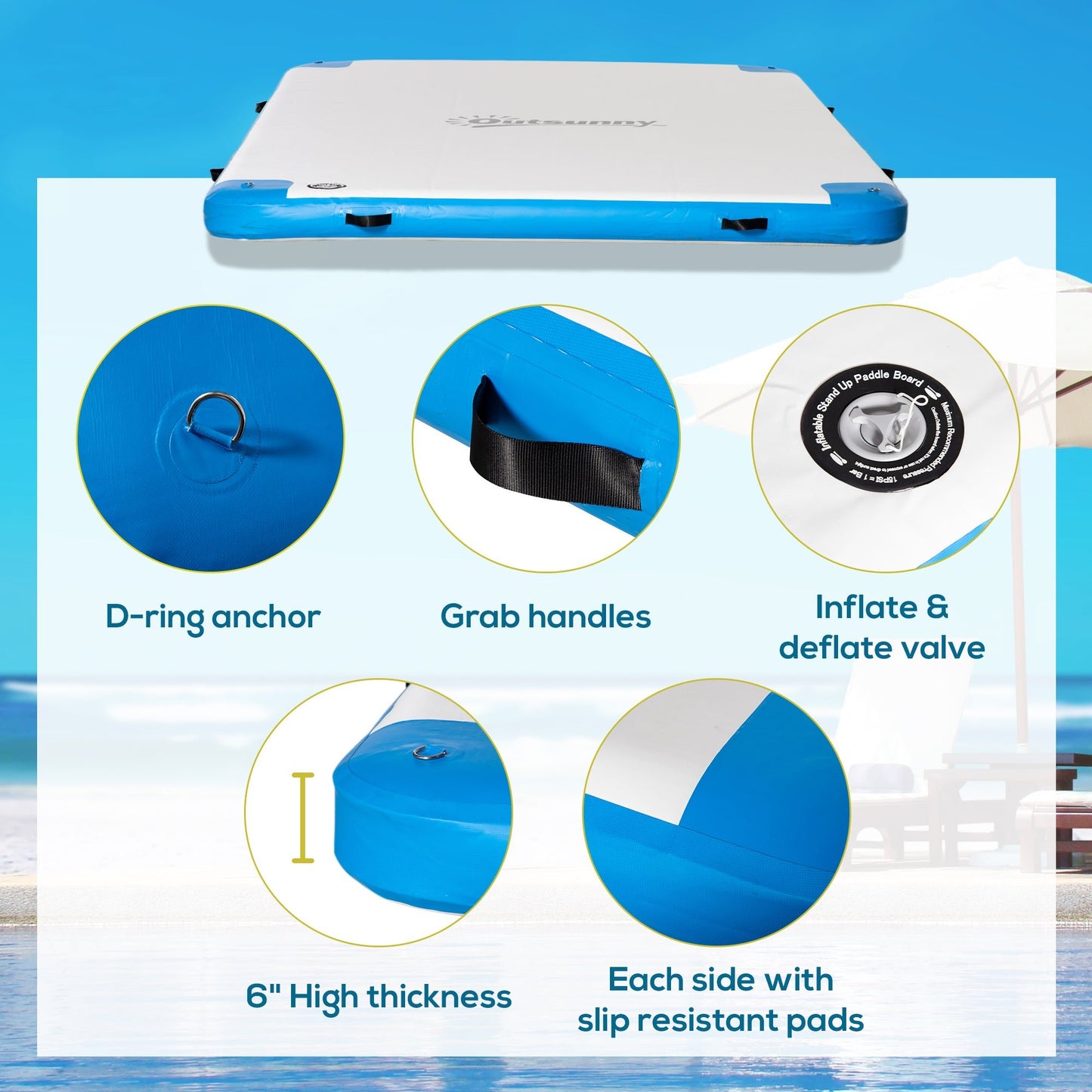 Miscellaneous-Water Inflatable Floating Dock, Inflatable Platform Island, Large Floating Mat Raft with Air Pump & Backpack, for Pool, Beach, Ocean, White - Blue - Outdoor Style Company
