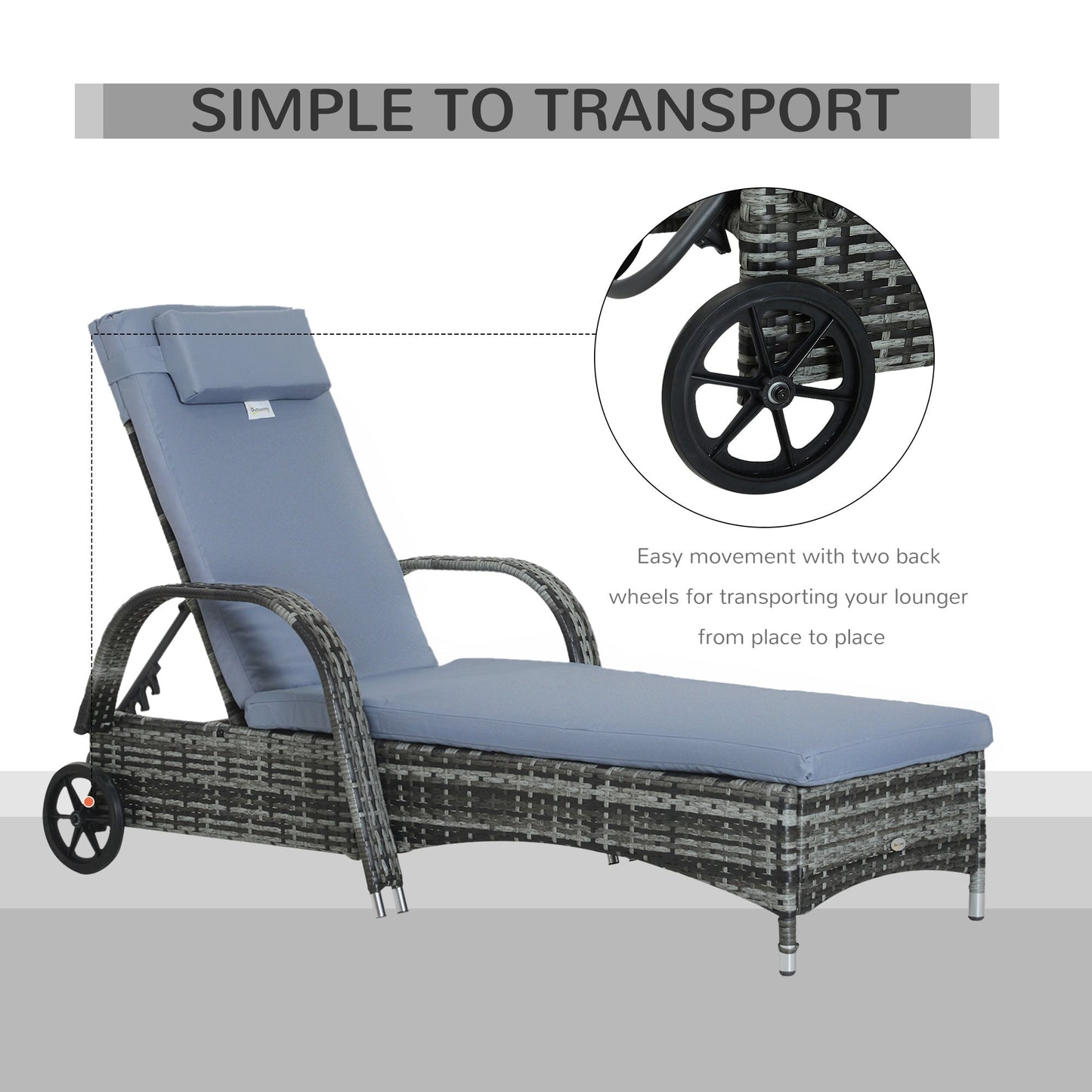 Outdoor and Garden-Wicker Chaise Lounge Chair Outdoor with Cushion, PE Rattan Outdoor Lounge Chair, Height Adjustable Backrest & Wheels, Grey - Outdoor Style Company