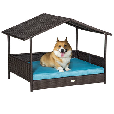 Pet Supplies-Wicker Dog House Elevated Raised Rattan Bed for Indoor/Outdoor with Removable Cushion Lounge, Blue - Outdoor Style Company