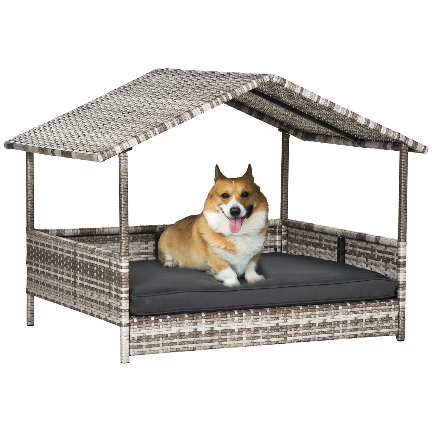 Pet Supplies-Wicker Dog House Elevated Raised Rattan Bed for Indoor/Outdoor with Removable Cushion Lounge, Charcoal Grey - Outdoor Style Company