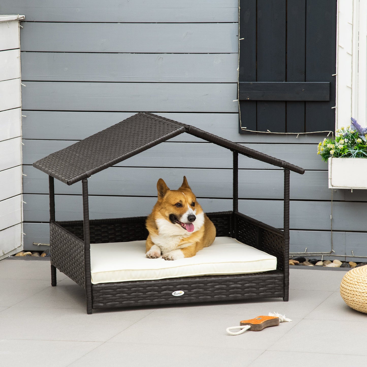 Pet Supplies-Wicker Dog House Elevated Raised Rattan Bed for Indoor/Outdoor with Removable Cushion Lounge, Cream - Outdoor Style Company