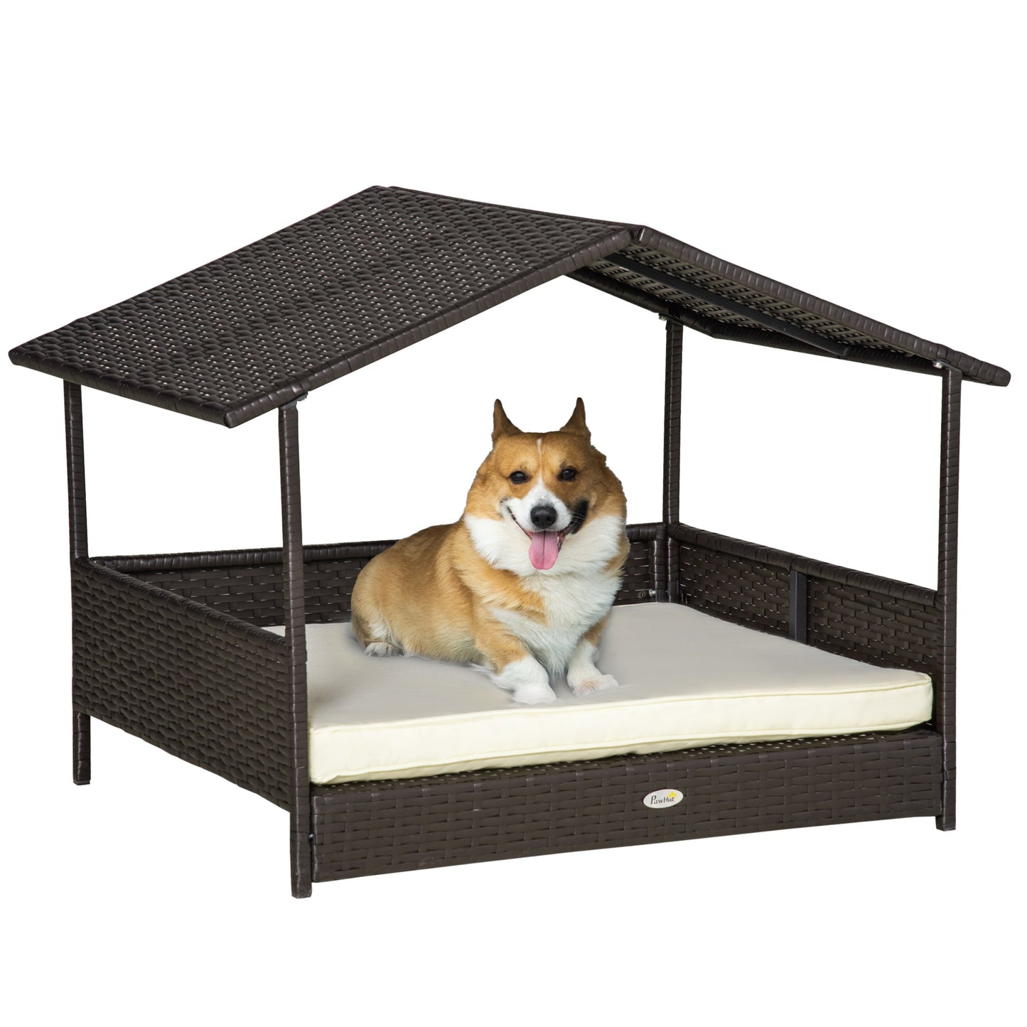Pet Supplies-Wicker Dog House Elevated Raised Rattan Bed for Indoor/Outdoor with Removable Cushion Lounge, Cream - Outdoor Style Company