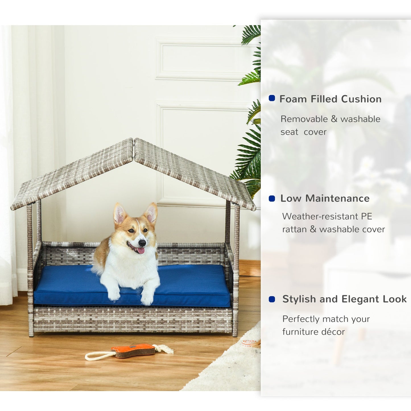 Pet Supplies-Wicker Dog House Elevated Raised Rattan Bed for Indoor/Outdoor with Removable Cushion Lounge, Dark Blue - Outdoor Style Company