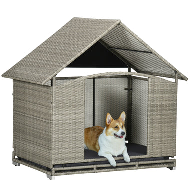 Outdoor and Garden-Wicker Dog House with Canopy, Rattan Dog Bed with Water Resistant Soft Cushion, Elevated Puppy House Shelter for Indoor Outdoor - Outdoor Style Company