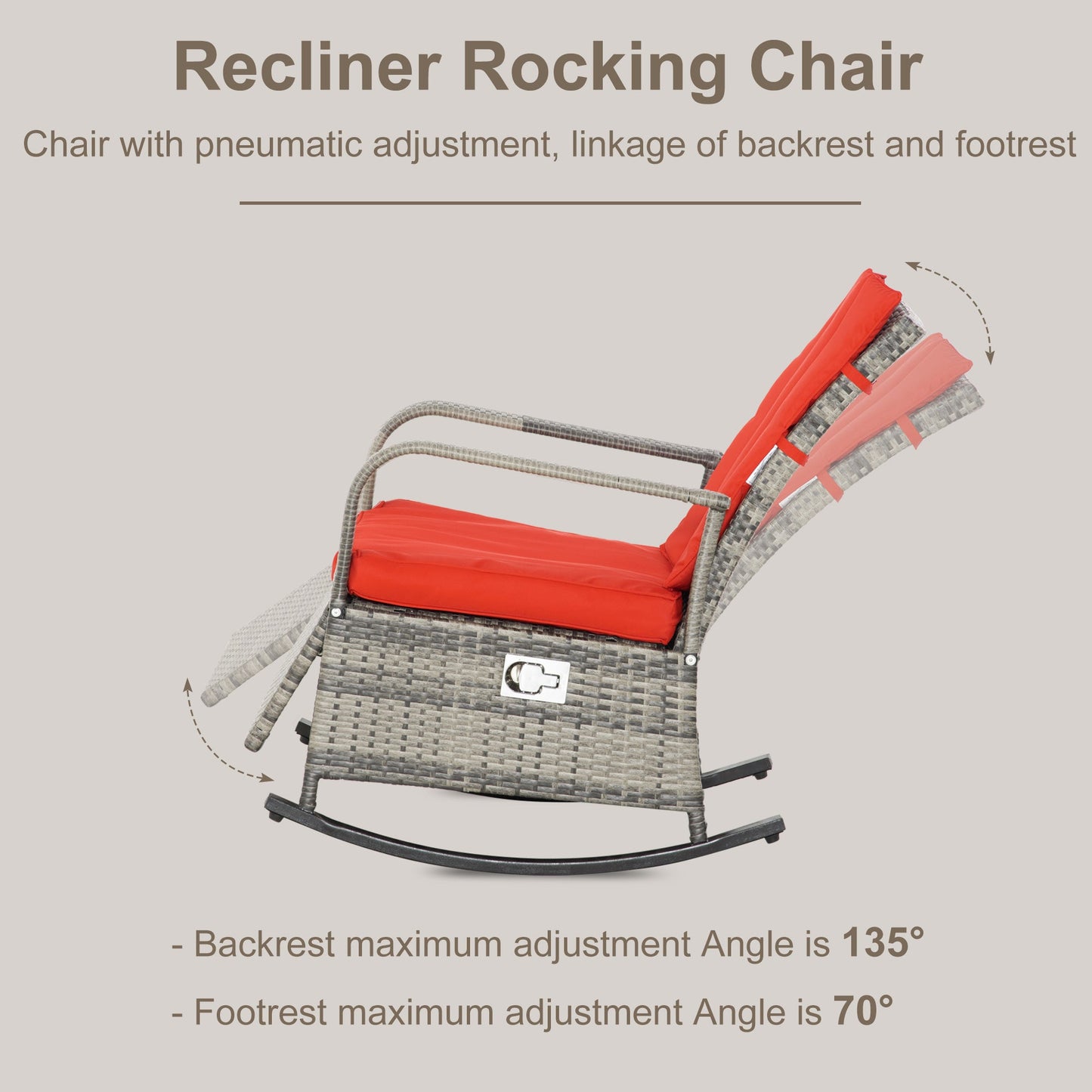 Outdoor and Garden-Wicker Rocking Chair Outdoor Recliner Chari with Soft Cushion, Adjustable Footrest, Max. 135 Degree Backrest, Red - Outdoor Style Company