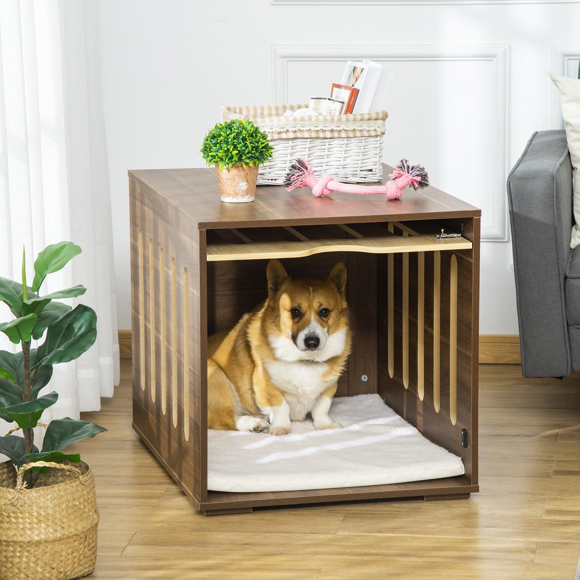 Wood Dog Crate End Table, Dog Crate Funiture with Soft Cushion, Side H