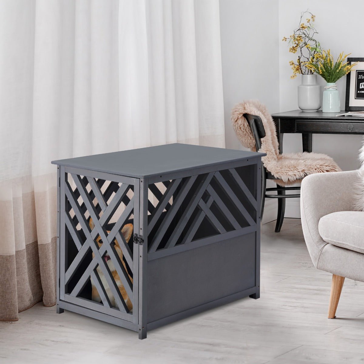 Pet Supplies-Wood Dog Crate Small Dog Cage, Furniture Style Dog Kennel Lattice for Indoor Use with Unique Slant Aesthetic Design, Gray - Outdoor Style Company