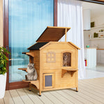 Outdoor and Garden-Wooden 2-Story Outdoor Cat House, Feral Cat Shelter Kitten Condo with Escape Door, Openable Asphalt Roof and 4 Platforms, Natural - Outdoor Style Company