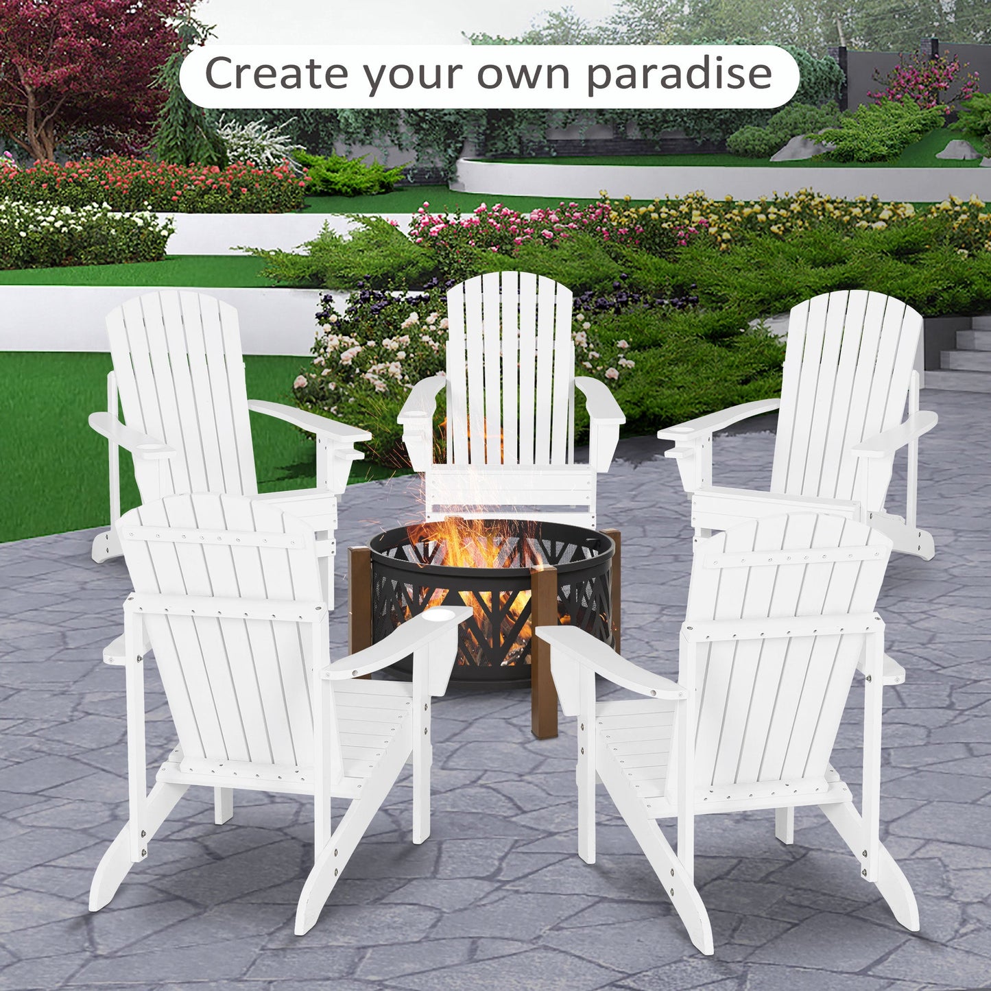 Outdoor and Garden-Wooden Adirondack Chair Outdoor Fire Pit Seating, Classic Lounge Chair with Ergonomic Design & a Built-In Cup Holder for Patio, White - Outdoor Style Company