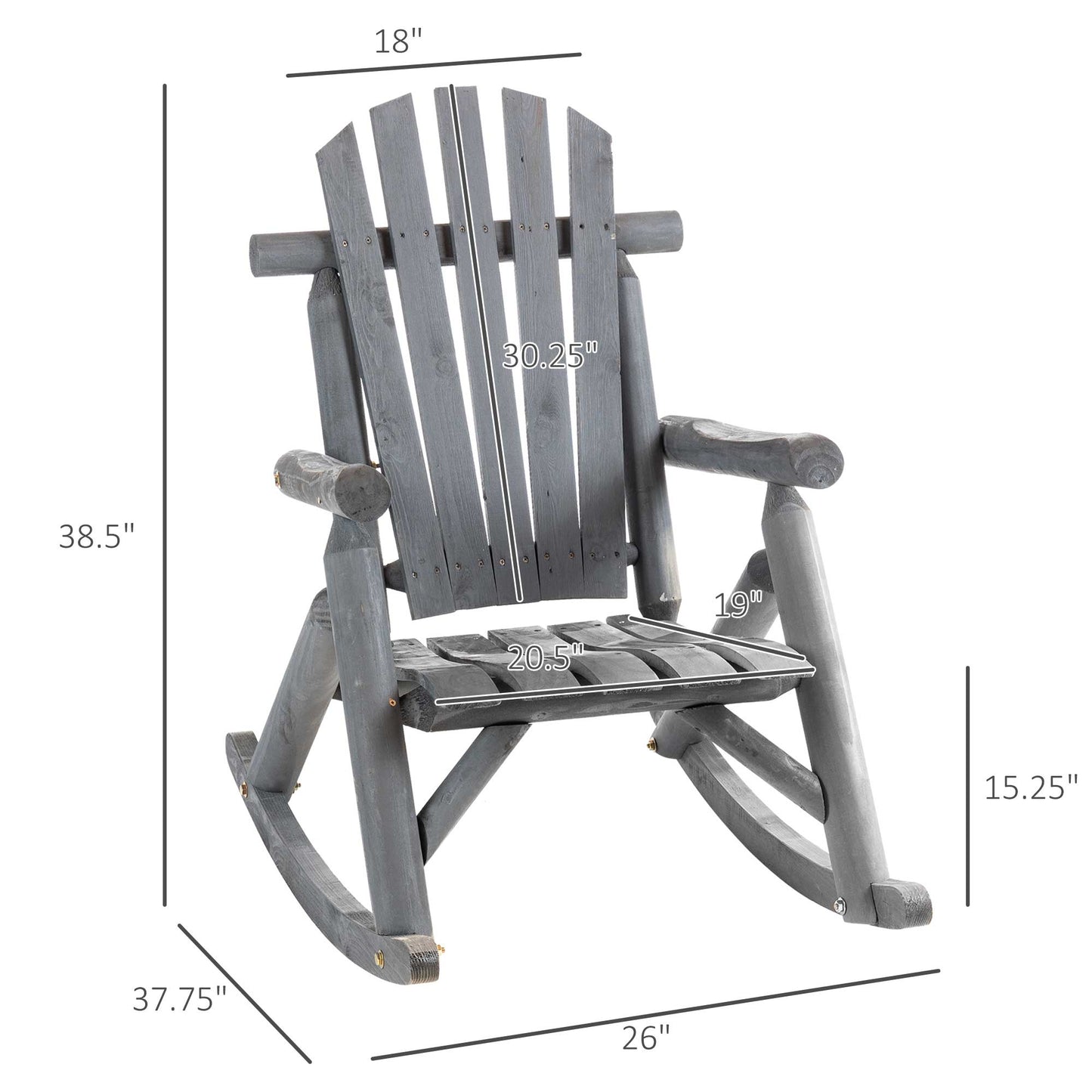 Outdoor and Garden-Wooden Adirondack Rocking Chair, Outdoor Rustic Log Rocker with Slatted Design for Patio, Dark Grey - Outdoor Style Company