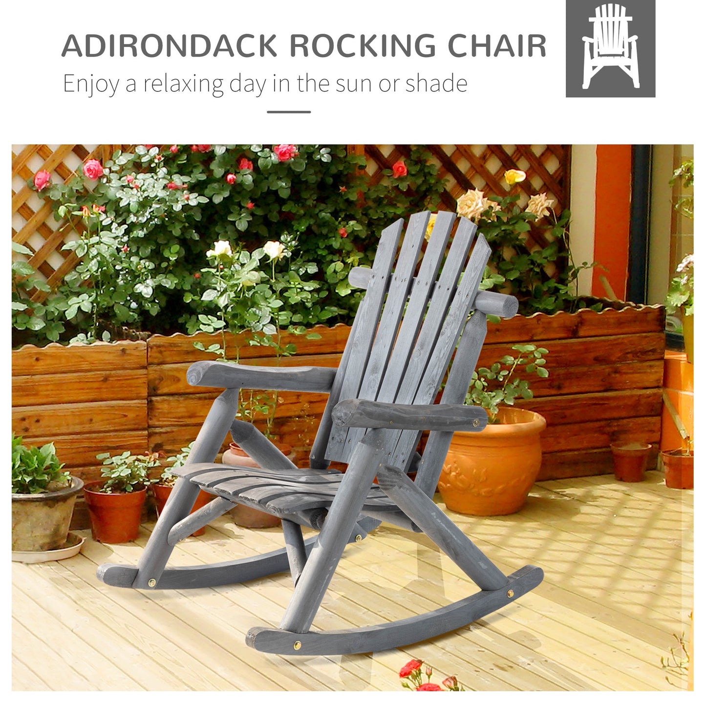 Outdoor and Garden-Wooden Adirondack Rocking Chair, Outdoor Rustic Log Rocker with Slatted Design for Patio, Dark Grey - Outdoor Style Company