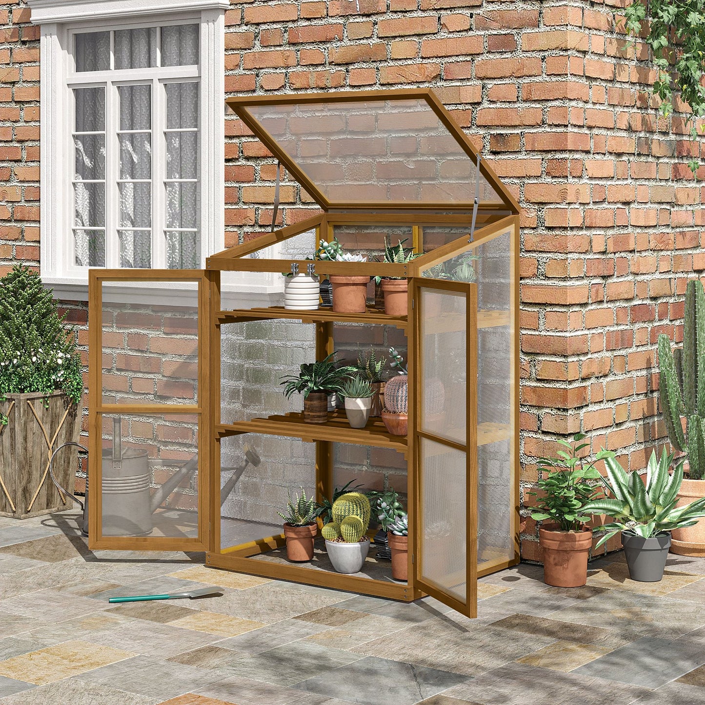 Miscellaneous-Wooden Cold Frame Greenhouse Small Mini Planter Box, 30" L x 24" W x 44" H, Brown - Outdoor Style Company