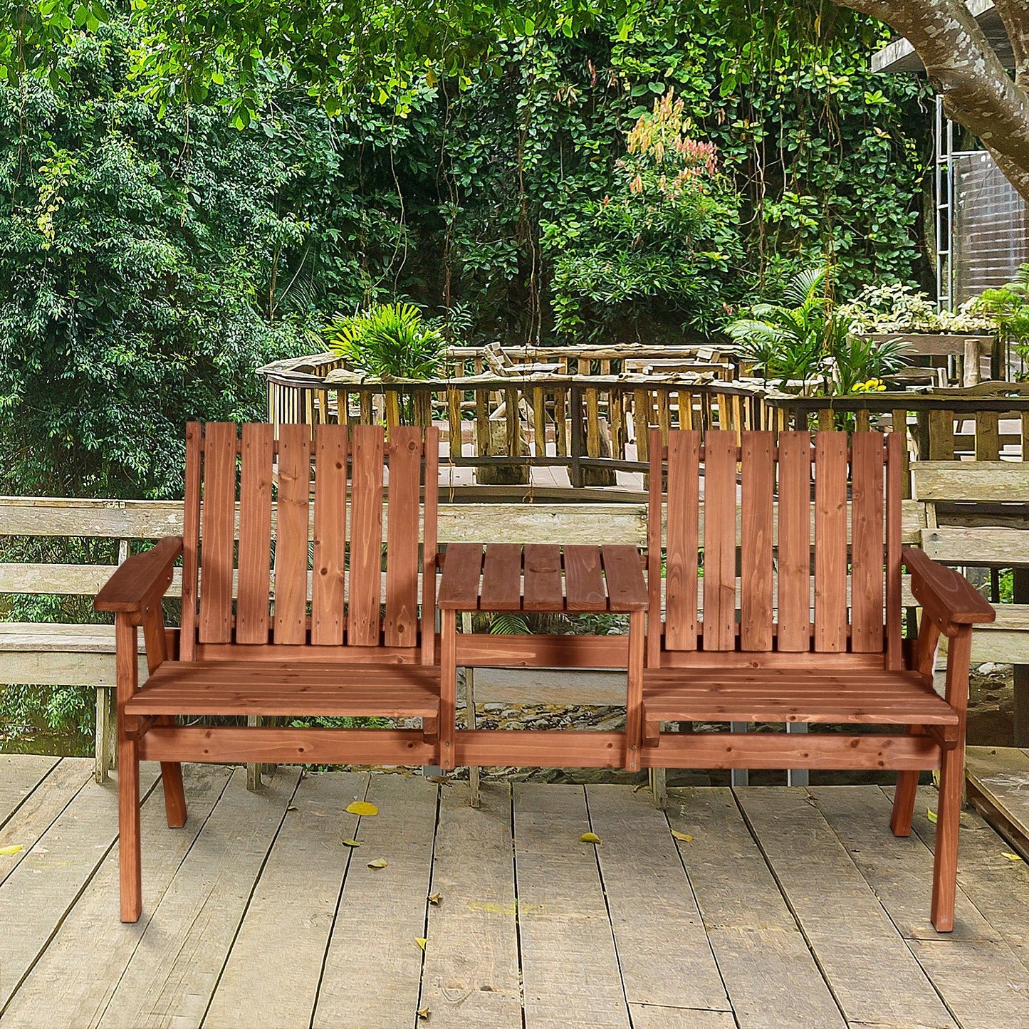 Outdoor and Garden-Wooden Garden Bench with Umbrella Hole & Middle Table - Outdoor Style Company