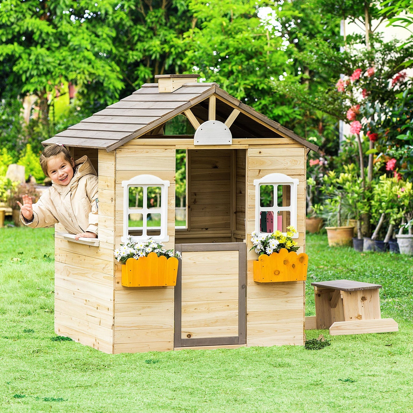 Toys and Games-Wooden Kids Playhouse, Outdoor Garden Pretend Play Games, Adventures Cottage, with Working Door, Service Station, Flowers Pot Holder - Outdoor Style Company