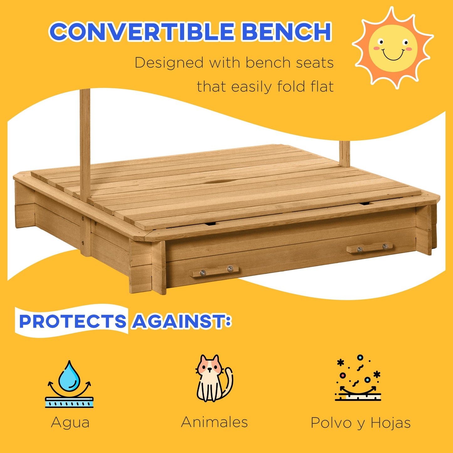 Toys and Games-Wooden Kids Sandbox with Cover, Children Outdoor Sand Play Station with Foldable Bench Seats and Adjustable Canopy - Outdoor Style Company
