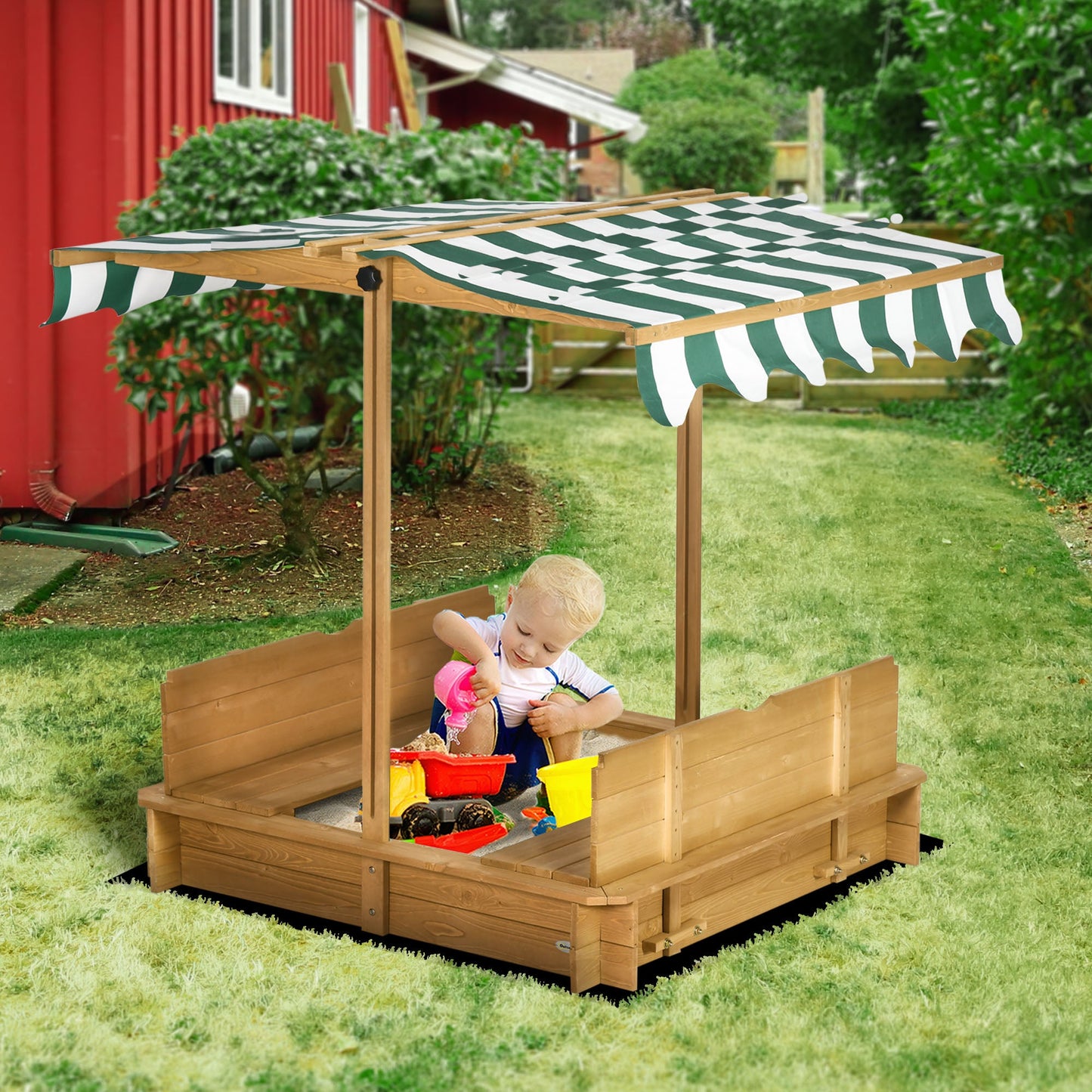 Toys and Games-Wooden Kids Sandbox with Cover, Children Outdoor Sand Play Station with Foldable Bench Seats and Adjustable Canopy - Outdoor Style Company