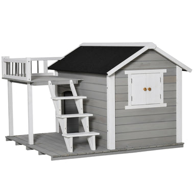 Outdoor and Garden-Wooden Outdoor Dog House, 2-Tier Raised Pet Shelter, with Stairs, Weather Resistant Roof, and Balcony, for Medium, Large Sized Dogs Up To 55 - Outdoor Style Company