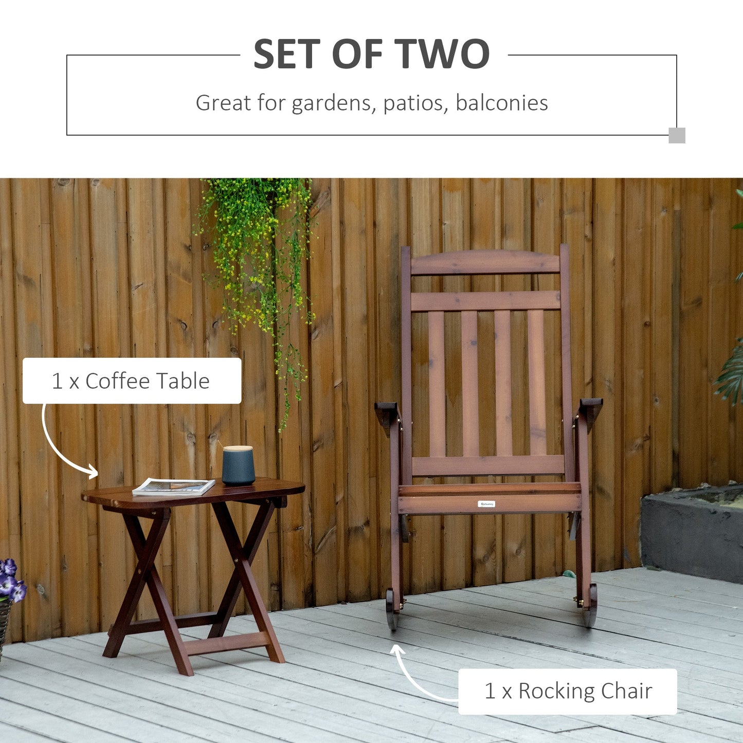 Outdoor and Garden-Wooden Outdoor Rocking Chair, 2-Piece Porch Rocker Set with Foldable Table for Patio, Backyard and Garden, Brown - Outdoor Style Company