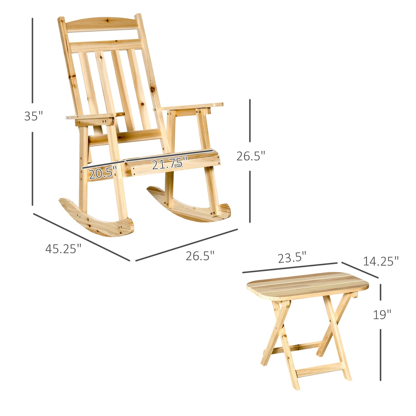 Outdoor and Garden-Wooden Outdoor Rocking Chair, 2-Piece Porch Rocker Set with Foldable Table for Patio, Backyard and Garden, Natural - Outdoor Style Company