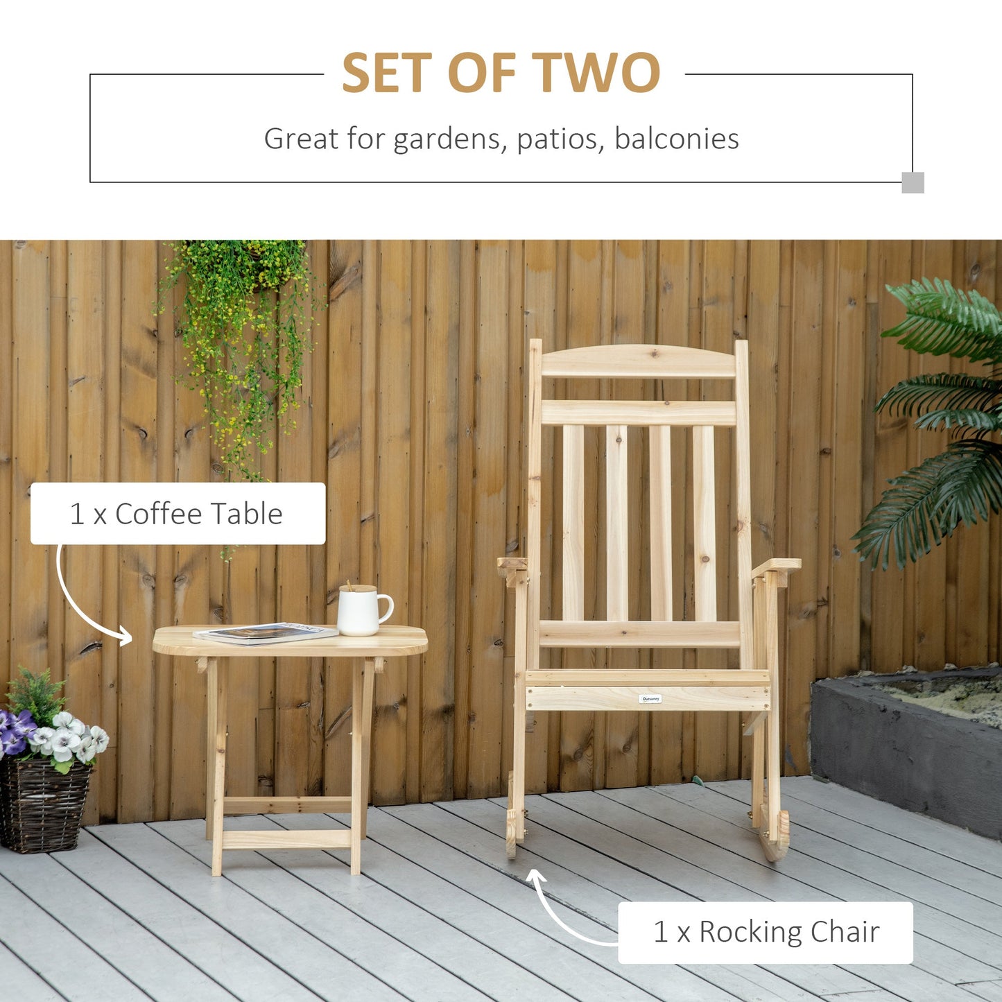 Outdoor and Garden-Wooden Outdoor Rocking Chair, 2-Piece Porch Rocker Set with Foldable Table for Patio, Backyard and Garden, Natural - Outdoor Style Company