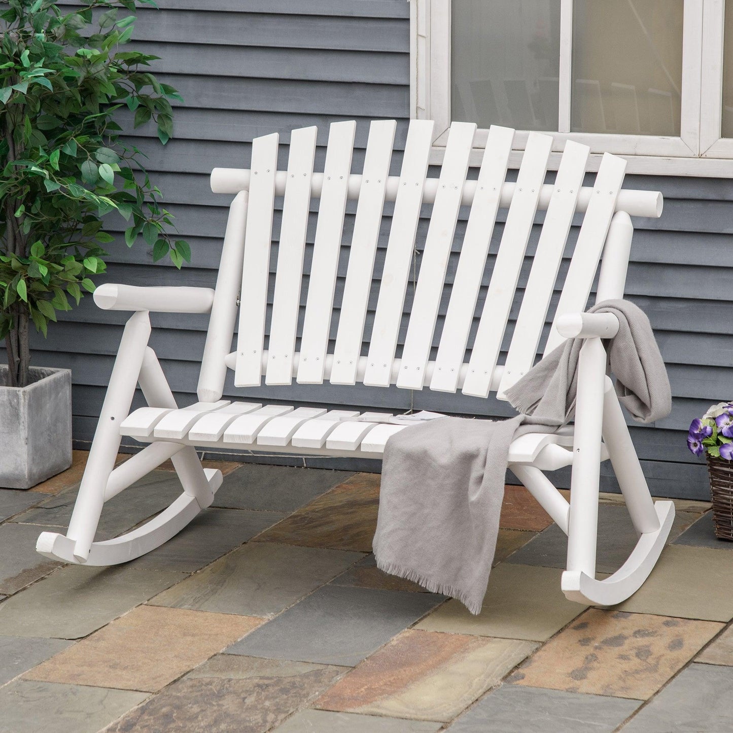 Outdoor and Garden-Wooden Rocking Chair, 2 Person Porch Rocker Bench, Indoor Outdoor Porch Rocker with Slatted Design, High Back for Backyard, Garden, White - Outdoor Style Company