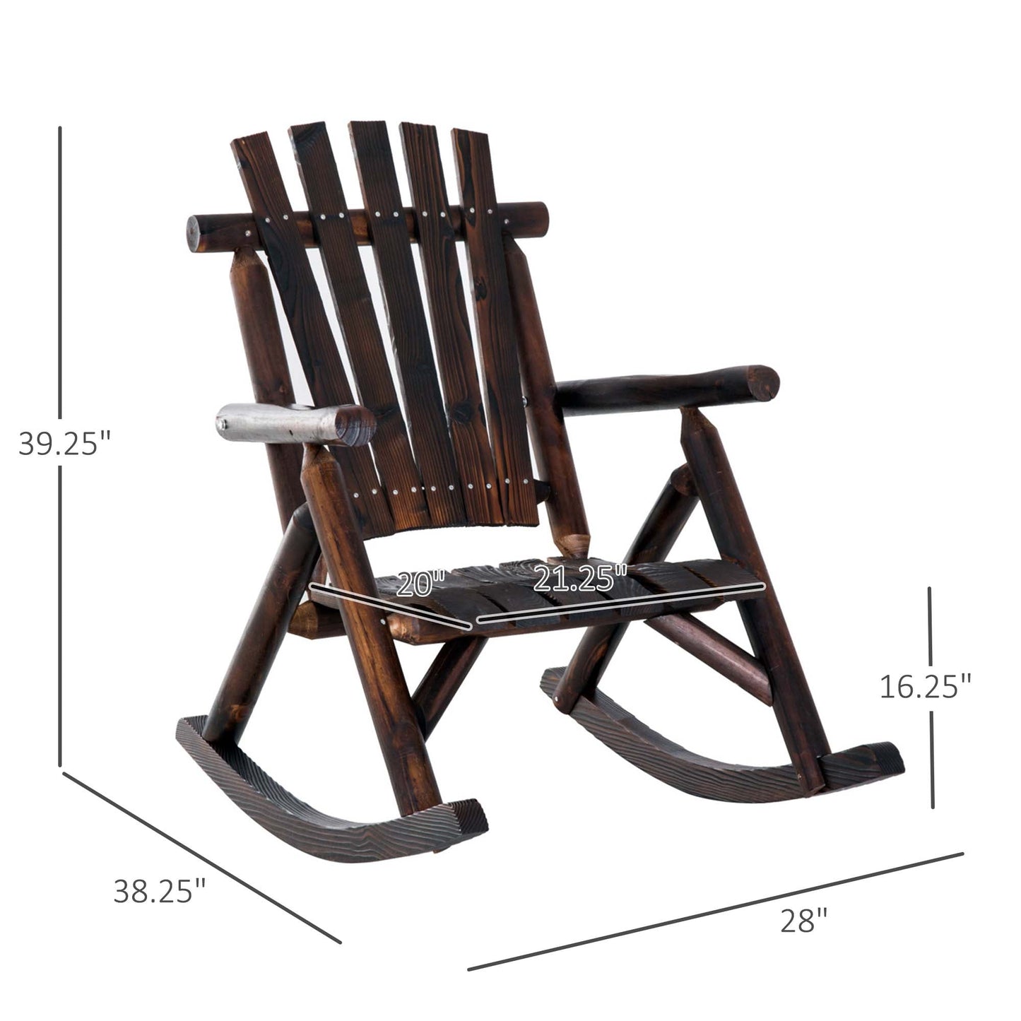 Outdoor and Garden-Wooden Rustic Rocking Chair, Indoor Outdoor Adirondack Log Rocker with Slatted Design for Patio, Lawn, Carbonized Color - Outdoor Style Company