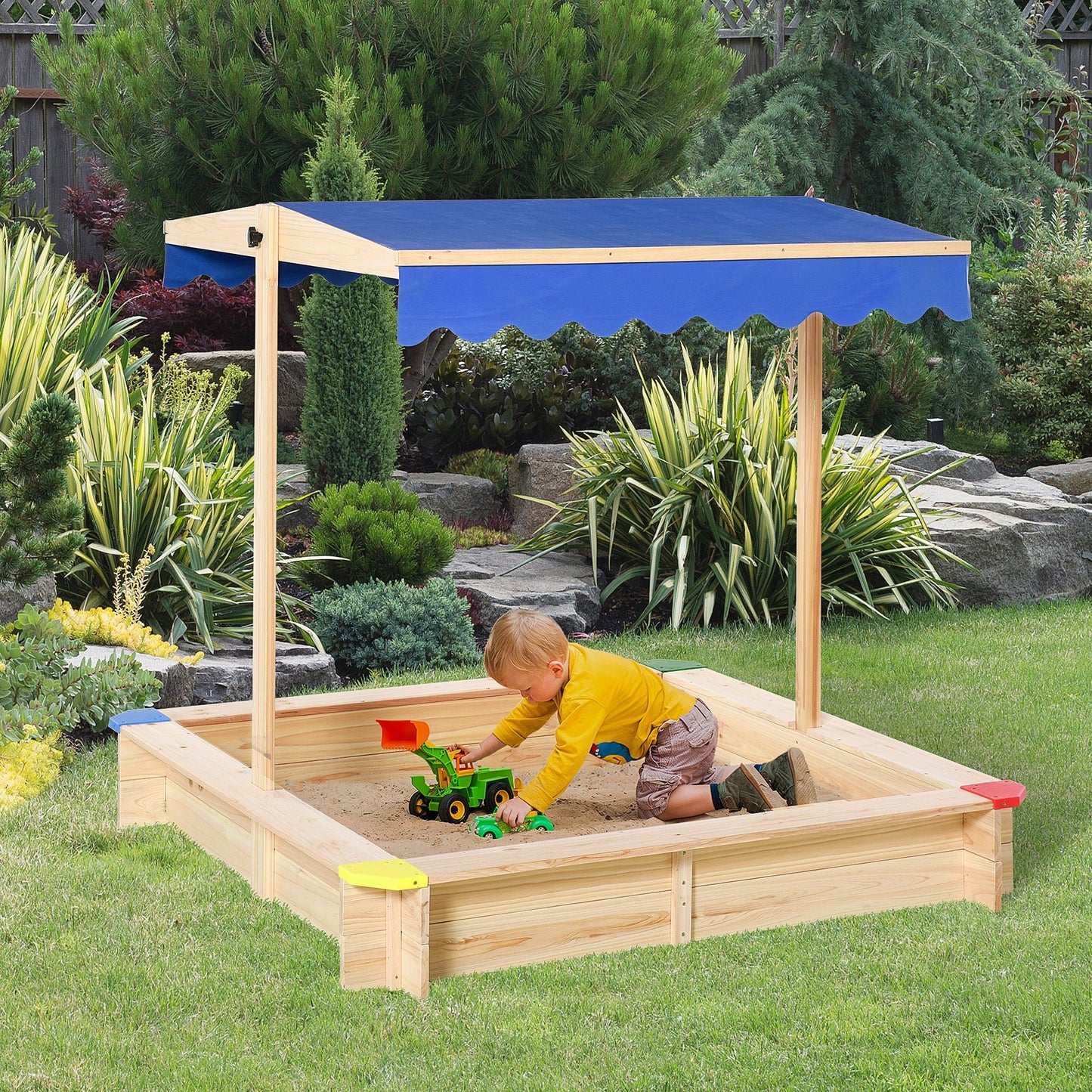 Toys and Games-Wooden Sandbox w/ Adjustable Canopy, Children Outdoor Playset Weather Resistant 47" L x 47" W x 47" H, Natural & Blue - Outdoor Style Company