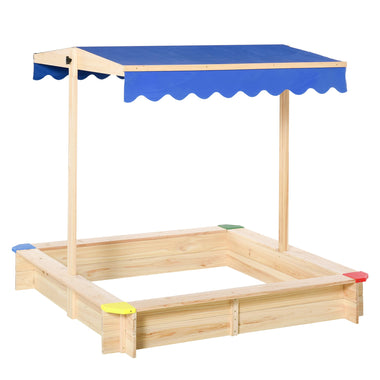 Toys and Games-Wooden Sandbox w/ Adjustable Canopy, Children Outdoor Playset Weather Resistant 47" L x 47" W x 47" H, Natural & Blue - Outdoor Style Company