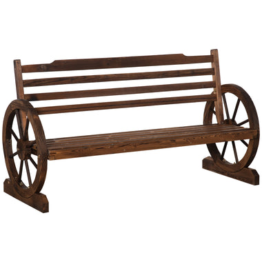 Outdoor and Garden-Wooden Wagon Wheel Bench, 3-Person Rustic Slatted Seat, Outdoor Patio Furniture, Brown - Outdoor Style Company