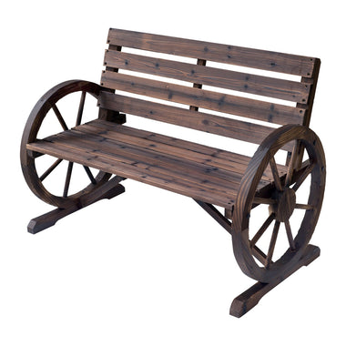 Outdoor and Garden-Wooden Wagon Wheel Bench Rustic Outdoor Patio Furniture, 2-Person Seat Bench with Backrest Carbonized - Outdoor Style Company