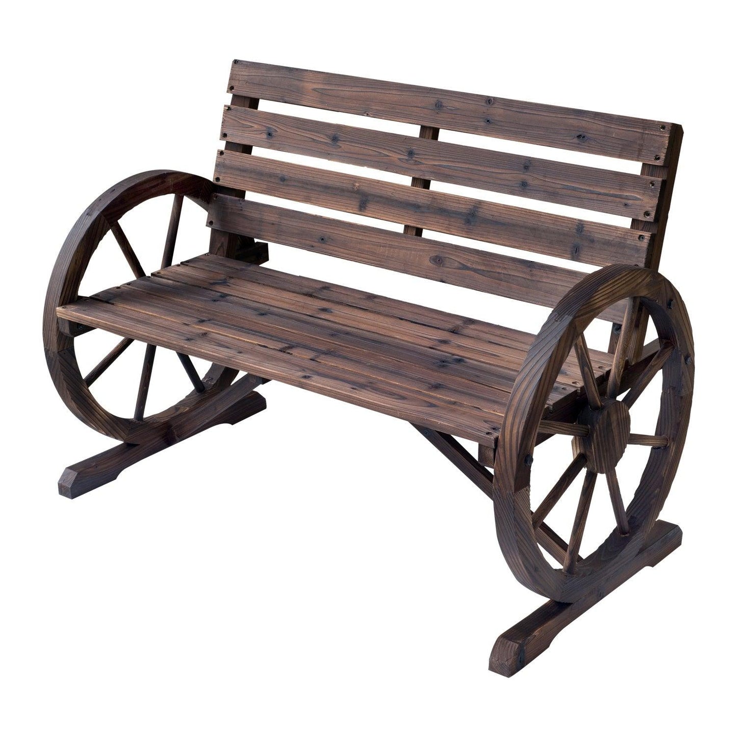 Outdoor and Garden-Wooden Wagon Wheel Bench Rustic Outdoor Patio Furniture, 2-Person Seat Bench with Backrest Carbonized - Outdoor Style Company